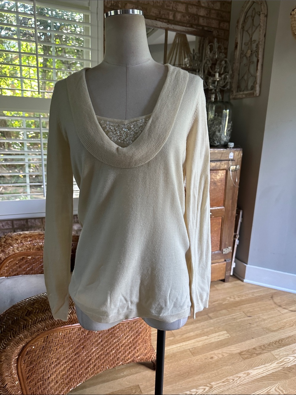 VERTIGO PARIS Rhinestone Bodice Half Sleeve Drape Neck top WHISPER LARGE NEW
